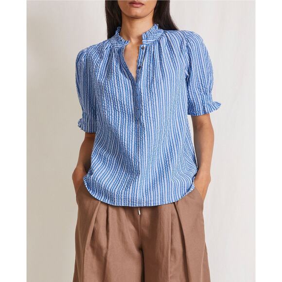 Apiece Apart Los Altos Top Blue Seersucker Stripe Puff Sleeve Henley SZ M - Picture 1 of 7